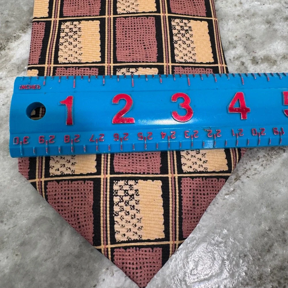 Yves Saint Laurent Pour Homme Silk Tie Burgundy Tan Geometric Grid Vintage 4